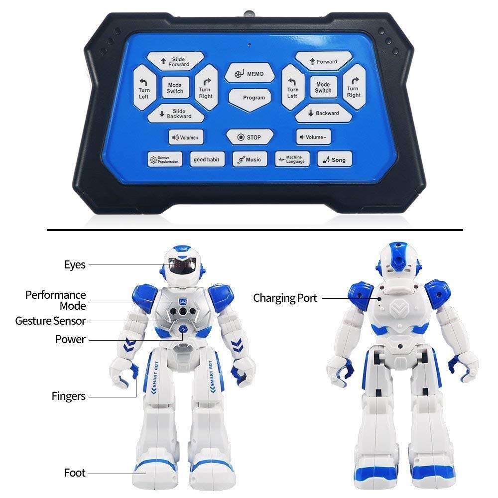 Suliper Remote Control Robot for Kids,Intellectual Gesture Sensor Programmable Robots with Infrared Controller Early Education Toys can Dance Sing Walk,Best Gift for Children (Blue/White)