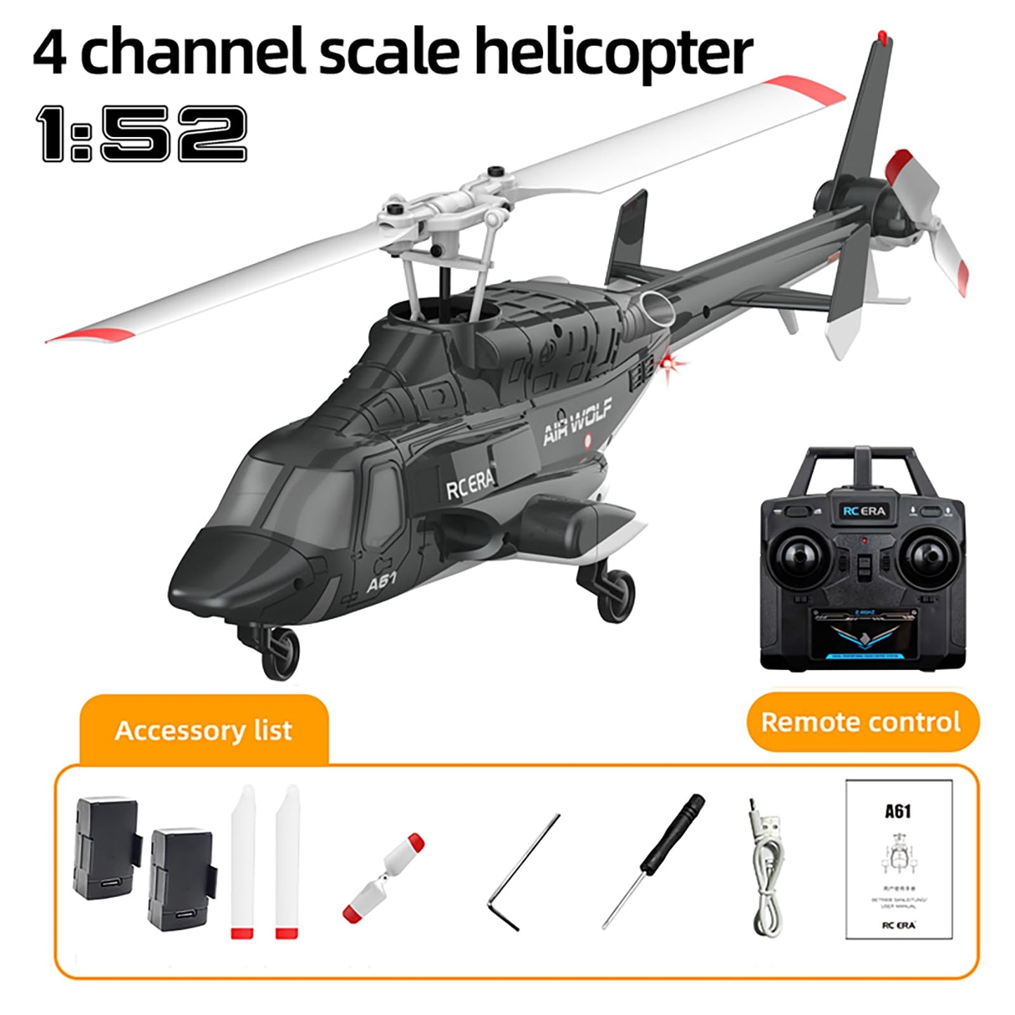 GQGQGQ A61 Airwolf Remote Controlled Helicopter Aircraft Plane 4CH RC Heli Aileronless 1/42 Scale 6-Axis Gyroscope Altitude Hovering Optical Flow Position 2Batteries for Adults Beginners/Black White
