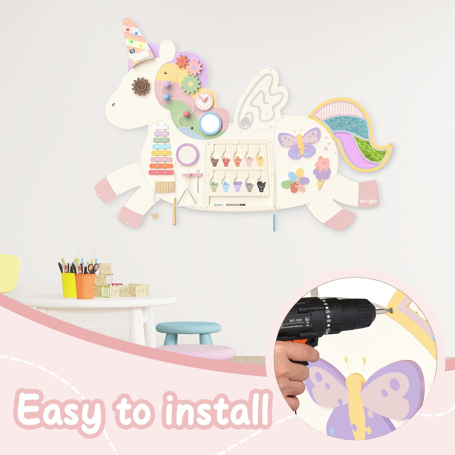 Asweets Unicorn Activity Wall Busy Board Panels, Montessori Sensory Toys, Toddler Learning Activity Center, Perfect for Toddler Playroom & Children's Daycare, White