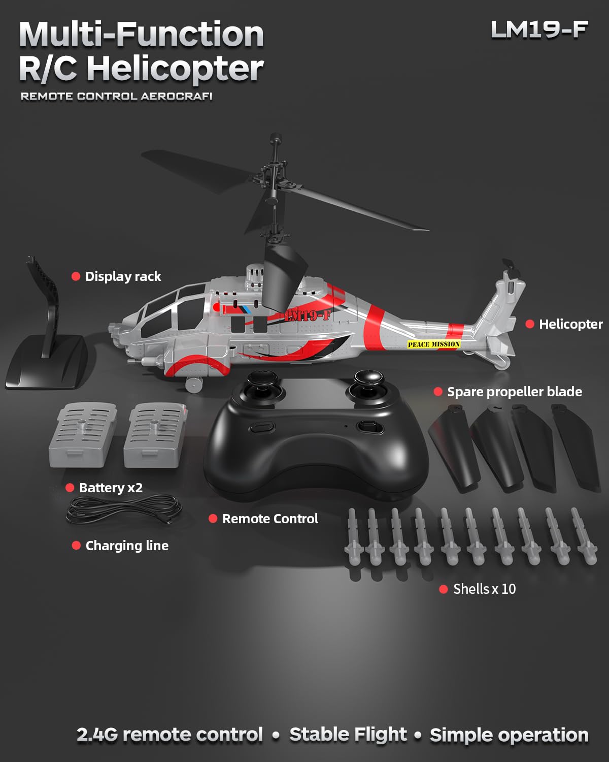 LMRC RC Helicopter with 10 Missiles, LM19-F 2.4GHz Remote Control Helicopter for Beginners and Adults, LED Lights, Altitude Hold, One-Key Take Off, Gifts for Military Fans (2 Batteries)