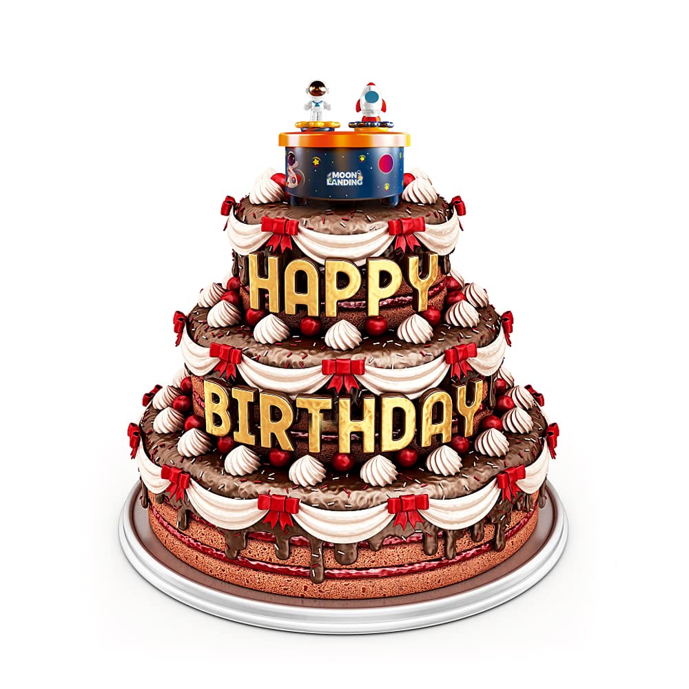 Moon Landing Music Box with Astronaut & Rocket Figures – Wind-Up Musical Space Toy Plays “Fly Me to the Moon” – Spinning Cake Topper Decoration – 4+ Minute Playtime – Birthday Gift for Kids & Adults