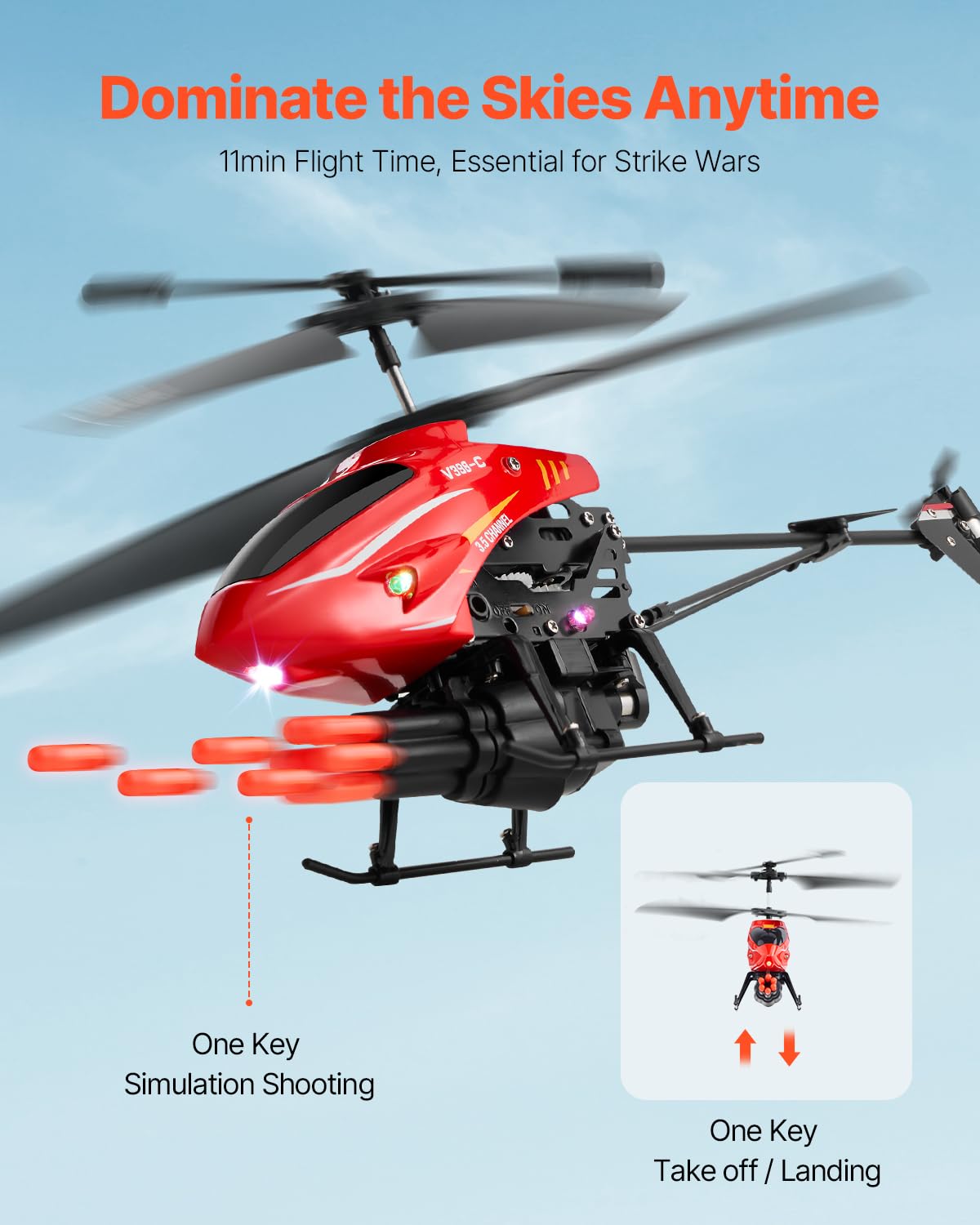 VEVOR RC Helicopter, 2.4GHz Flying Remote Control Helicopter with Shooting Mode, 3.5 Channel RC Airplane for Kid, Altitude Hold, One-Key Takeoff/Landing & LED Lights, Toys for Kids