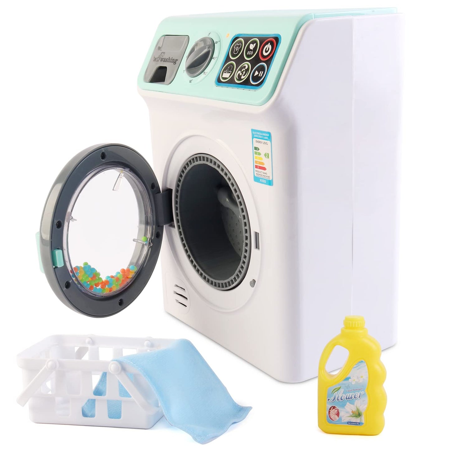 deAO Toy Washing Machine Kids Dollhouse Furniture Toy Washer Pretend Play Household Appliance Realistic Sounds Laundry Play Set with Rotatable Roller for Boys Girls (Blue)
