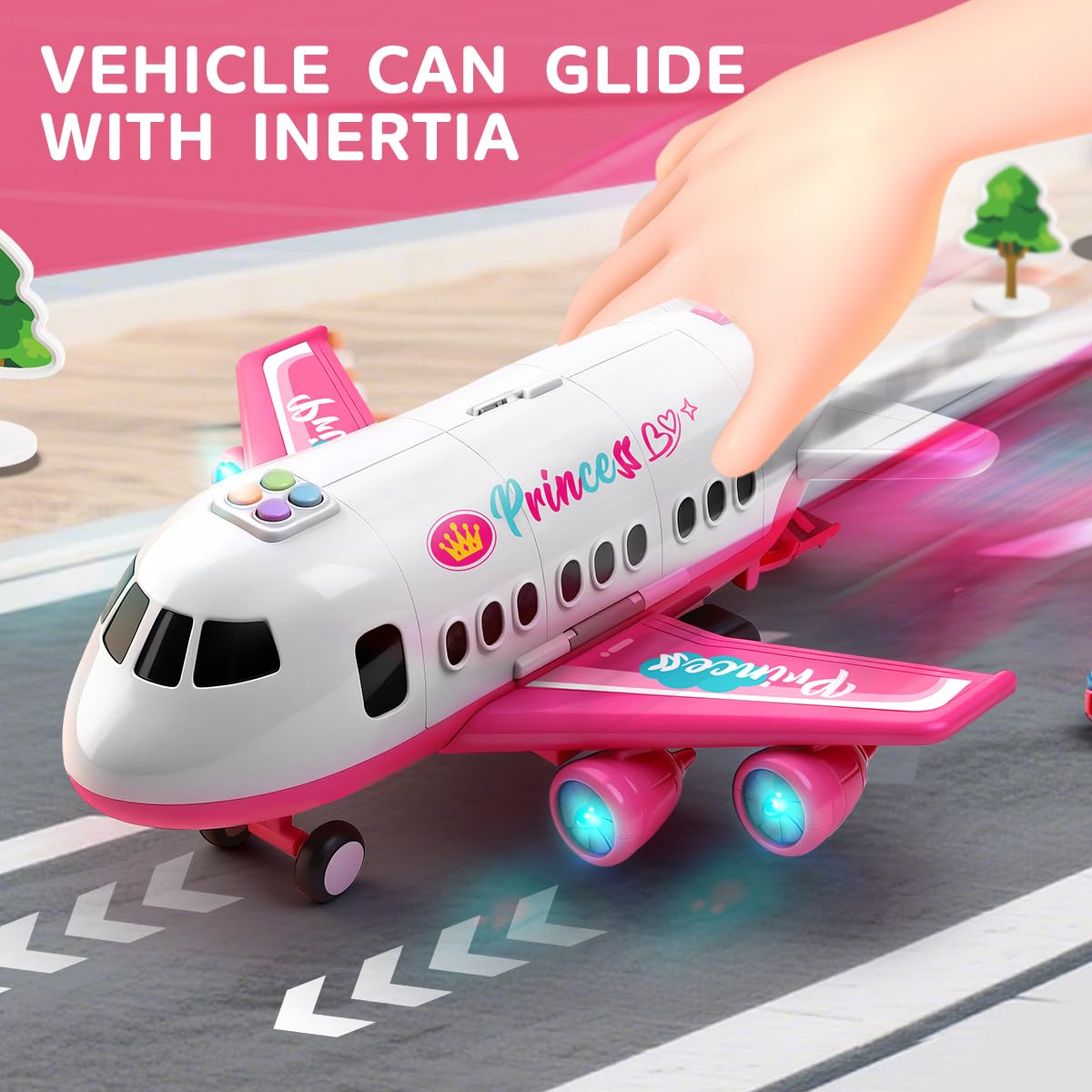 Pink Airplane Toy with Princess Cars and Play Mat,Plane with Lights and Sounds for 2 3 4 5 6 7 Year Old Toddler Girls,Birthday Gift Idea for Kids