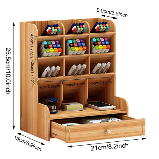 Marbrasse Wooden Desk Organizer, Multi-Functional DIY Pen Holder, Organizer for desk, Desktop Stationary, Easy Assembly, Home Office Art Supplies Storage with Drawer (B11-Cherry Color)