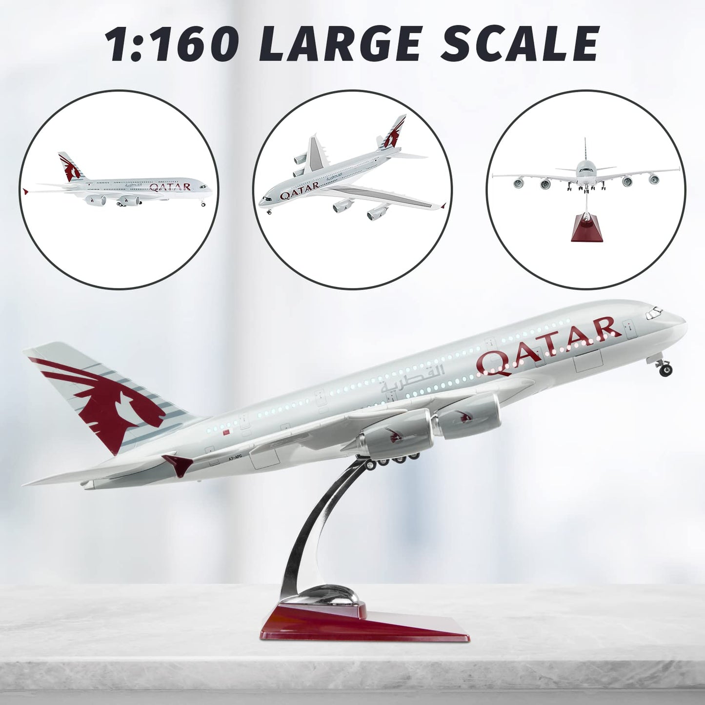 Lose Fun Park 1:160 Scale Large Model Airplane Qatar A380 Plane Models Diecast Airplanes with LED Light for Collection or Gift