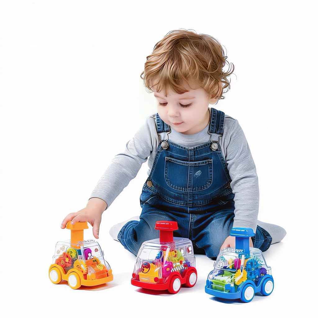 Toy Cars for Toddlers 1-3, 3 Pack Transparent Gear Press and Go Friction Powered Cars, No Battery Push Go Baby Car for 1 Year Old Boys Girls, First Birthday Gift