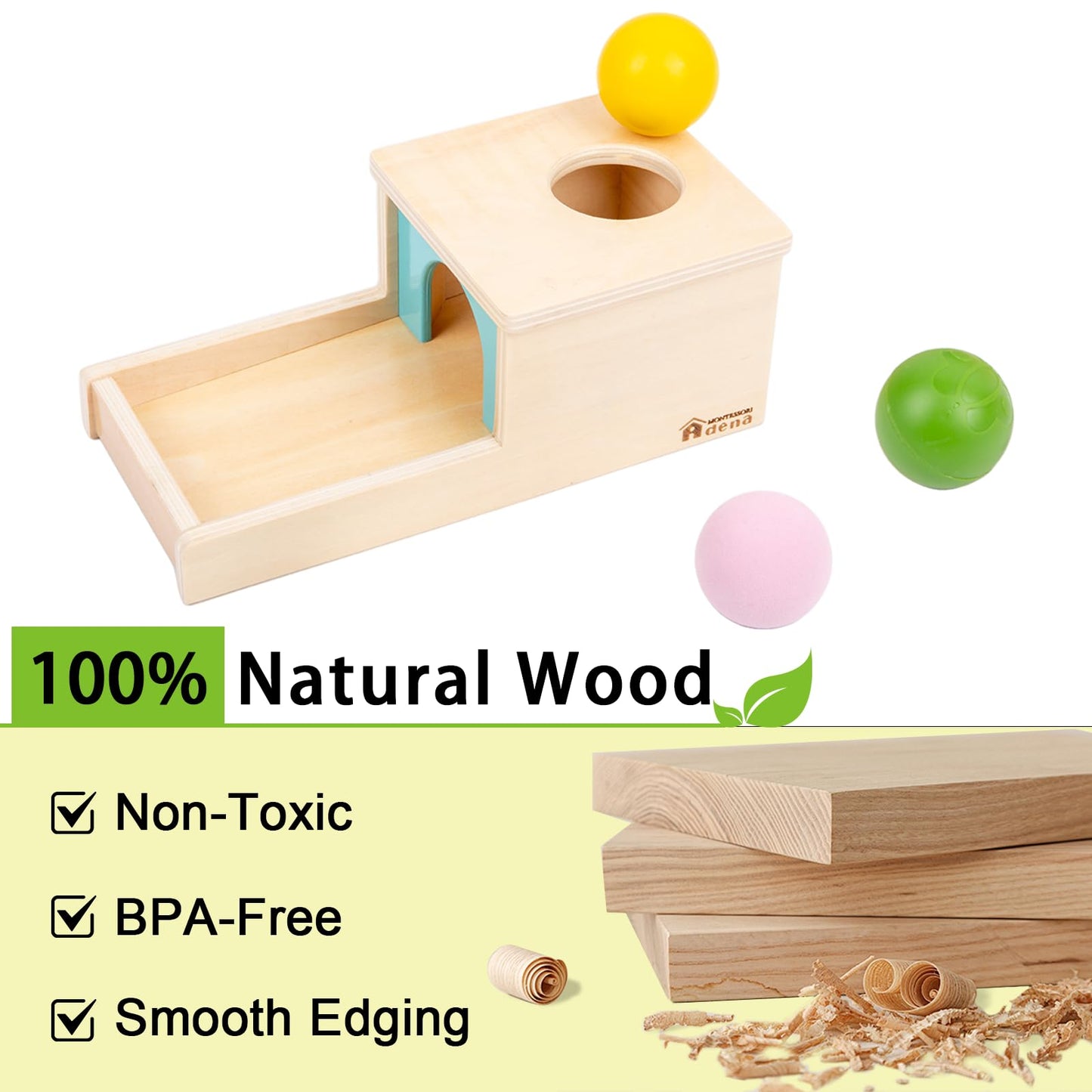 Adena Montessori Wooden Toy for 6-12 Month Baby 3 Balls with Tray, Object Permanence Box Colorful Learning Education Toy for Toddler Kid 1-2 Year Old, Preschool Developmental Girl and Boy Gift