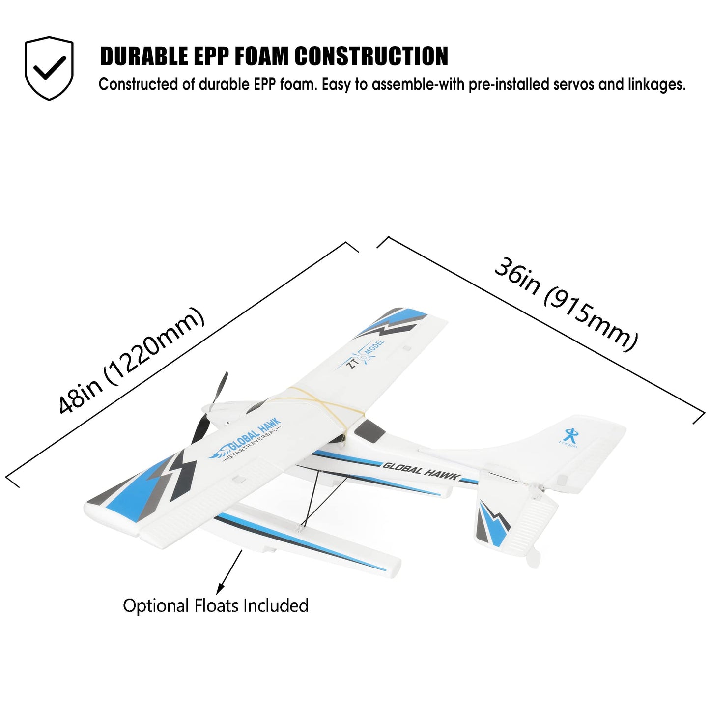 PLAYSTEM Global Hawk 2.4 GHz 1.2m RC Seaplane Smart Trainer Airplane- 4 Channel Remote RTF- Lithium Battery and Optional Floats Included