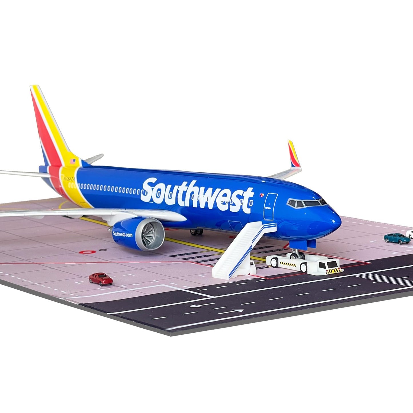 LDQUNS B737 Airplane Model, 1/85 Scale B737 Model 18.5 Inches Length, with LED Lights and Rubber Airport Mat - Ideal Collection and Gift