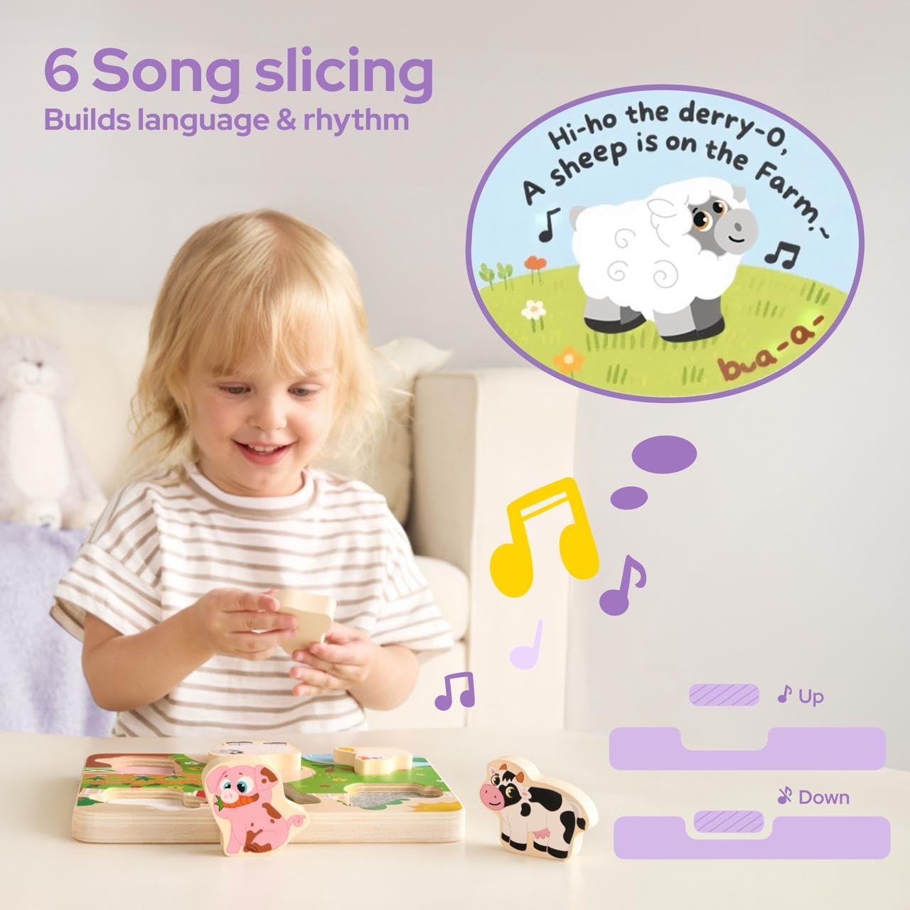 lalalark Musical Wooden Puzzles Toys, Tactile & Sound Farm Animal Toys for Baby 2-4, Montessori Educational Block Puzzles, Learning Toddler Kids Birthday Valentine Easter Gifts for Boys Girls