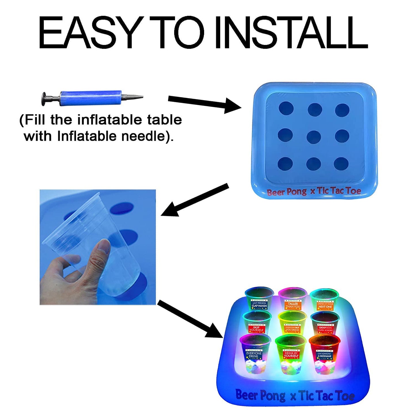 Ahuimeius 23 x 23 Inch Glowing Pool Party Rack Tic Tac Toe Floating Rafts, Swimming Pool Pong Party Game Drinking Game and Drink Holder, Includes 1 Rafts 9 Cups and 10 Pong Balls, Flashing Color 1