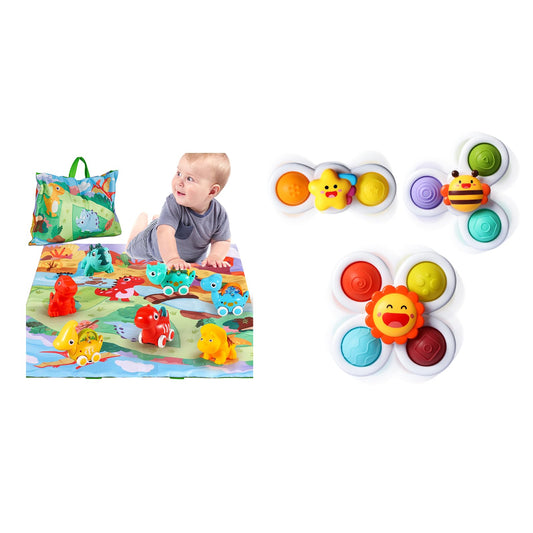ALASOU 7 PCS Dinosaur Car Toys with Playmat and 3 PCS Suction Cup Rotating Toys for Infant and Toddlers
