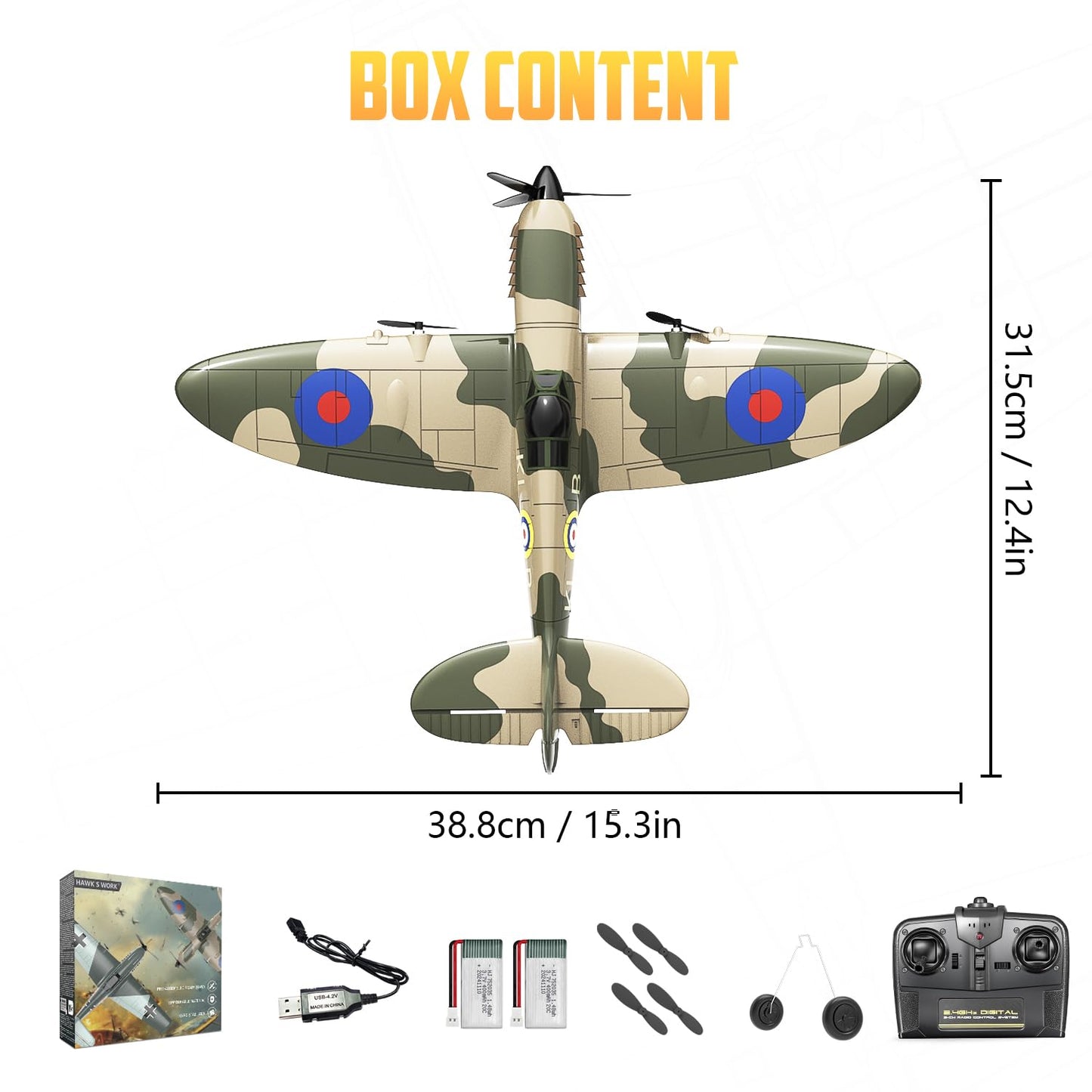 HAWK'S WORK 3 Channel RC Plane Spitfire Fighter, Remote Control Warbird Ready to Fly, 2.4GHz 6-axis Gyro Stabilizer, Easy to Fly for Kids & Beginners