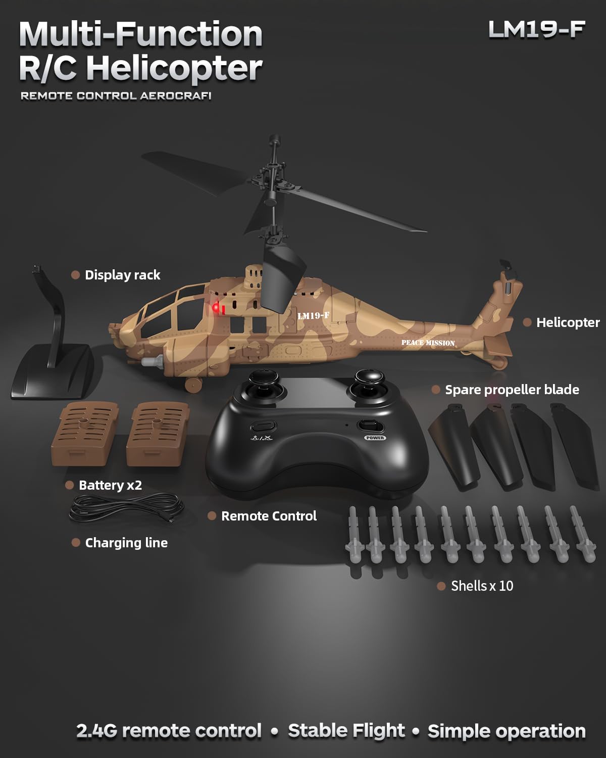 LMRC RC Helicopter with Missiles, 2.4GHz Remote Control Army Helicopter for Beginners & Adults, Military Helicopter, LED Lights, Altitude Hold, One-Key Take Off, Gift for Military Fans (Brown)