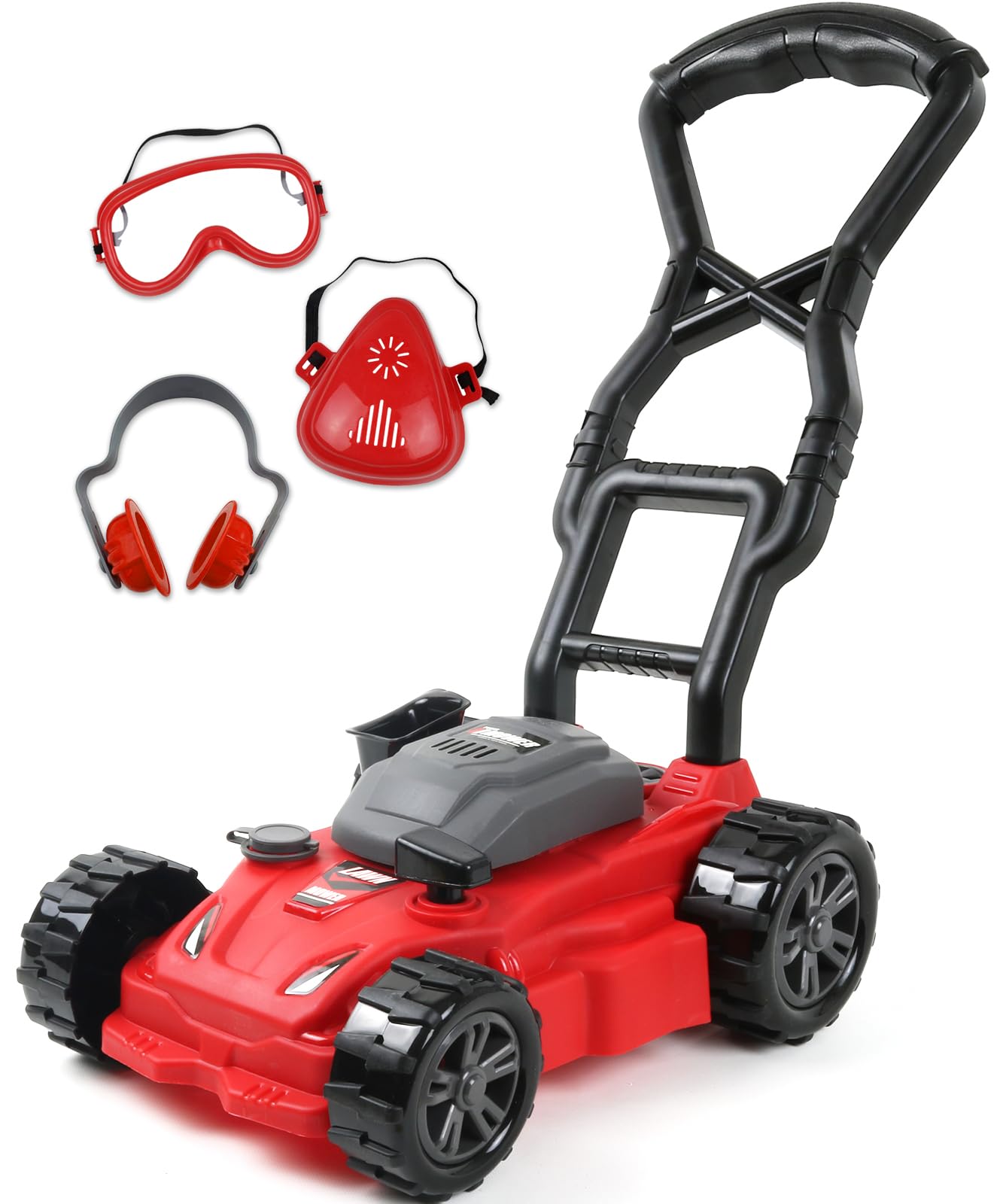 TeganPlay Kids Toy Lawn Mower Toddler Landscaping Gardening Tools and Equipment Includes Mask Safety Goggles and Earmuffs