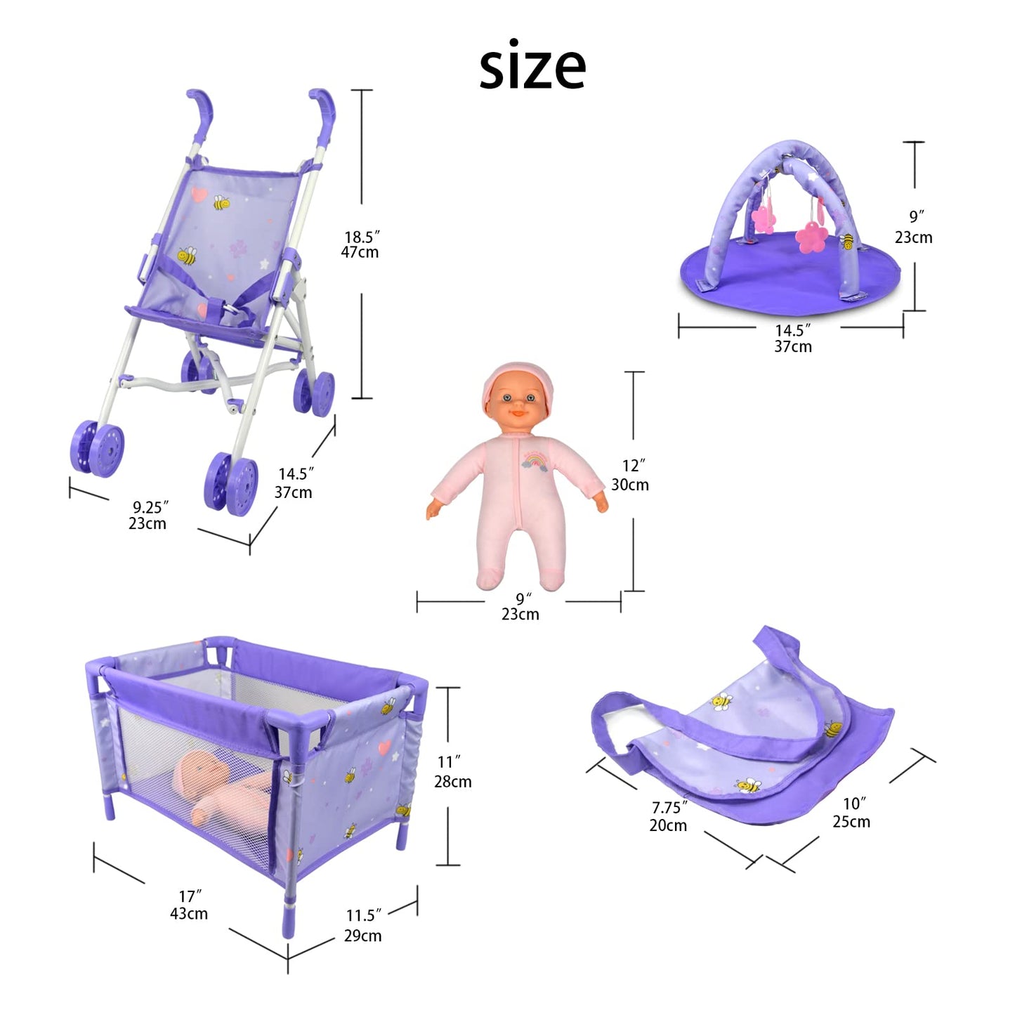 ANIVIA Baby Doll Stroller Set - Includes Stroller, Crib, Play Mat, Feeding Toy, Diaper Bag - Nursery Role Play Set (11" Doll Included)