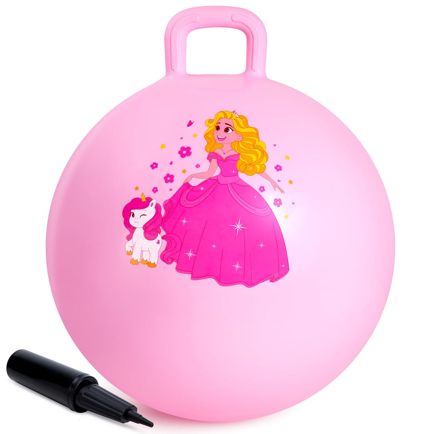 ZOOJOY Princess Hopper Ball, 18 Inch Bouncy Ball with Handle for Kids Aged 3-8, Inflatable Jumping Toys for Girls Boys, Pink Hopping Toys Gift with Pump