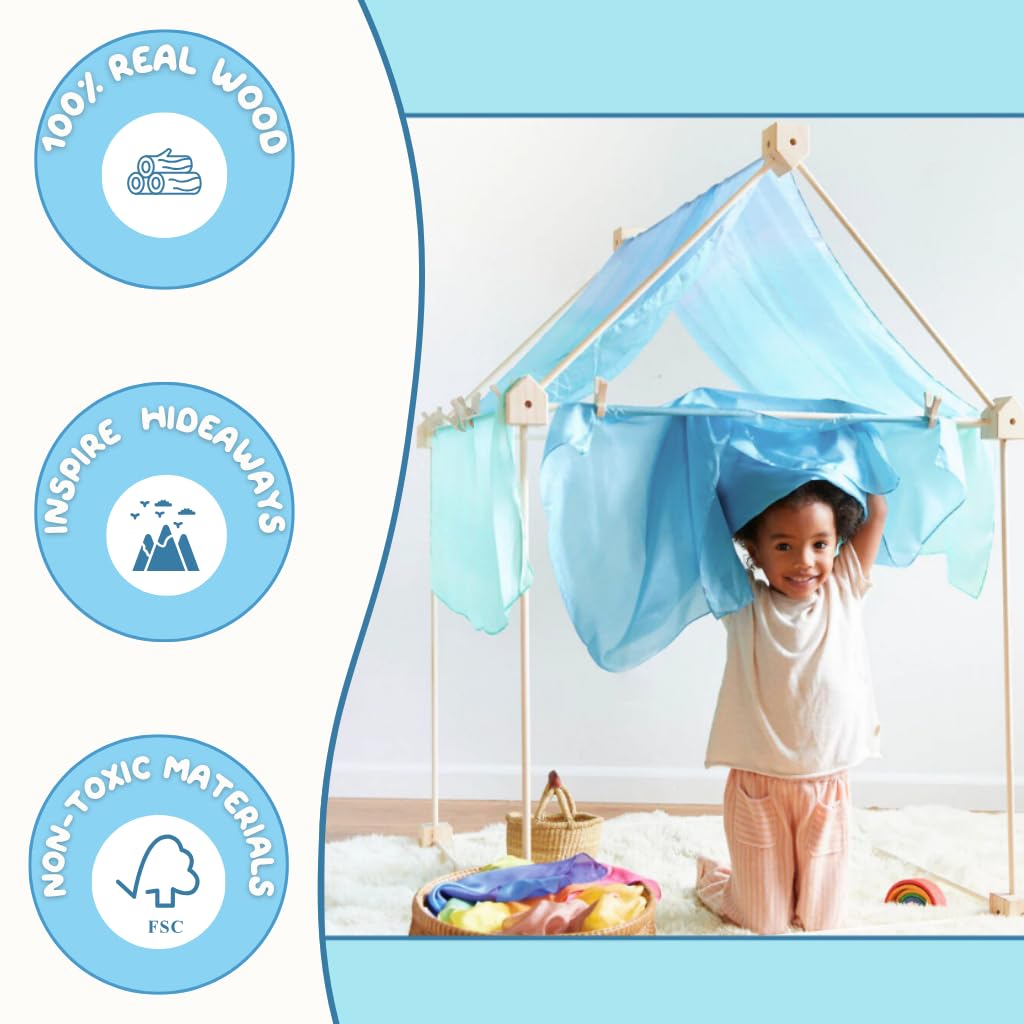 Sarah's Silks Wooden Playfort for Children | Natural Wood Indoor & Outdoor Playfort with Open Frame Design | Montessori Inspired Imaginative Play Tent (Natural Wood)