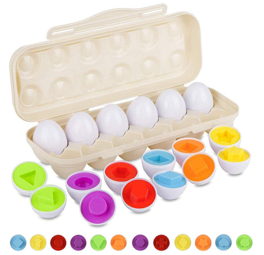 Hhyn Matching Eggs Set with Beige Eggs Holder, Upgraded Toddler Egg Toys Learning Shapes and Colors Educational Puzzle Sorting Games Improve Motor Skills for Kids Easter Gift, 12 Eggs