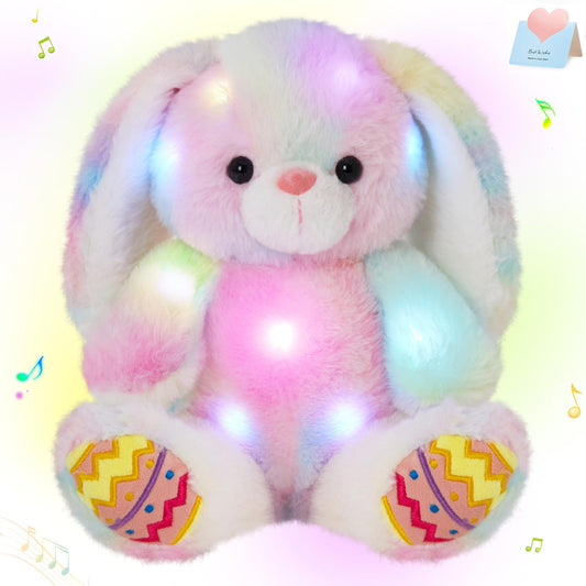 Glow Guards Easter Plush Bunny Stuffed Animal, Musical Light up Rainbow Stuffed Bunny, Singing Rabbit Stuffed Animal Toy with Floppy Ear Bunny Easter Gifts Bedtime Friend for Baby Girls Boys Kids, 10"