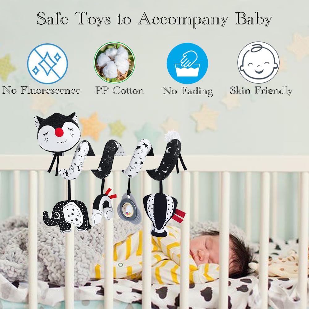 ORZIZRO Car Seat Toys, High Contrast Black and White Toy for Infants 0-3 6 12 Months, Musical Black Fox Carseat Toys Stroller Toy for Babies Newborns