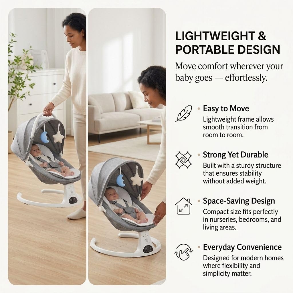 Baby Swing for Infants and Newborns, 3-in-1 Portable Infant Swing and Rocker Chair with Adjustable Motion, Music, 5-Point Harness, Lightweight Baby Seat for Indoor Use