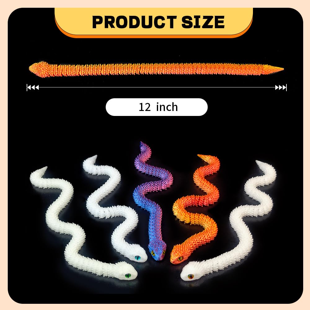 5PCS 12-Inch 3D Printed Snake Fidget Toys, Articulated Snakes, Glow in The Dark, Desk Decor, Shelf Display, Stress Relief, Family Play, Easter Basket Stuffers, Party Favor, Gifts for Kids & Adults