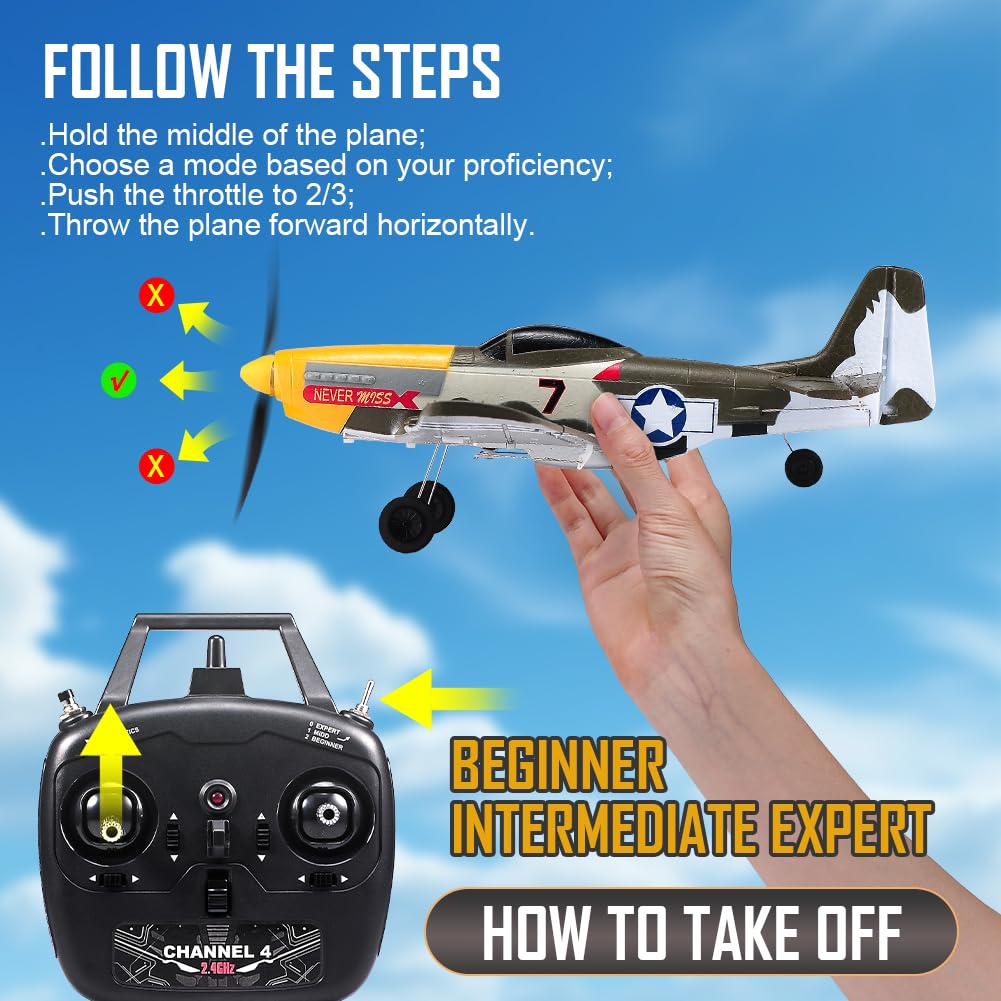 RoofWorld RC Plane 4 Channel Remote Control Airplane Ready to Fly P51D Mustang RC Airplane Easy Control for Beginners Adults