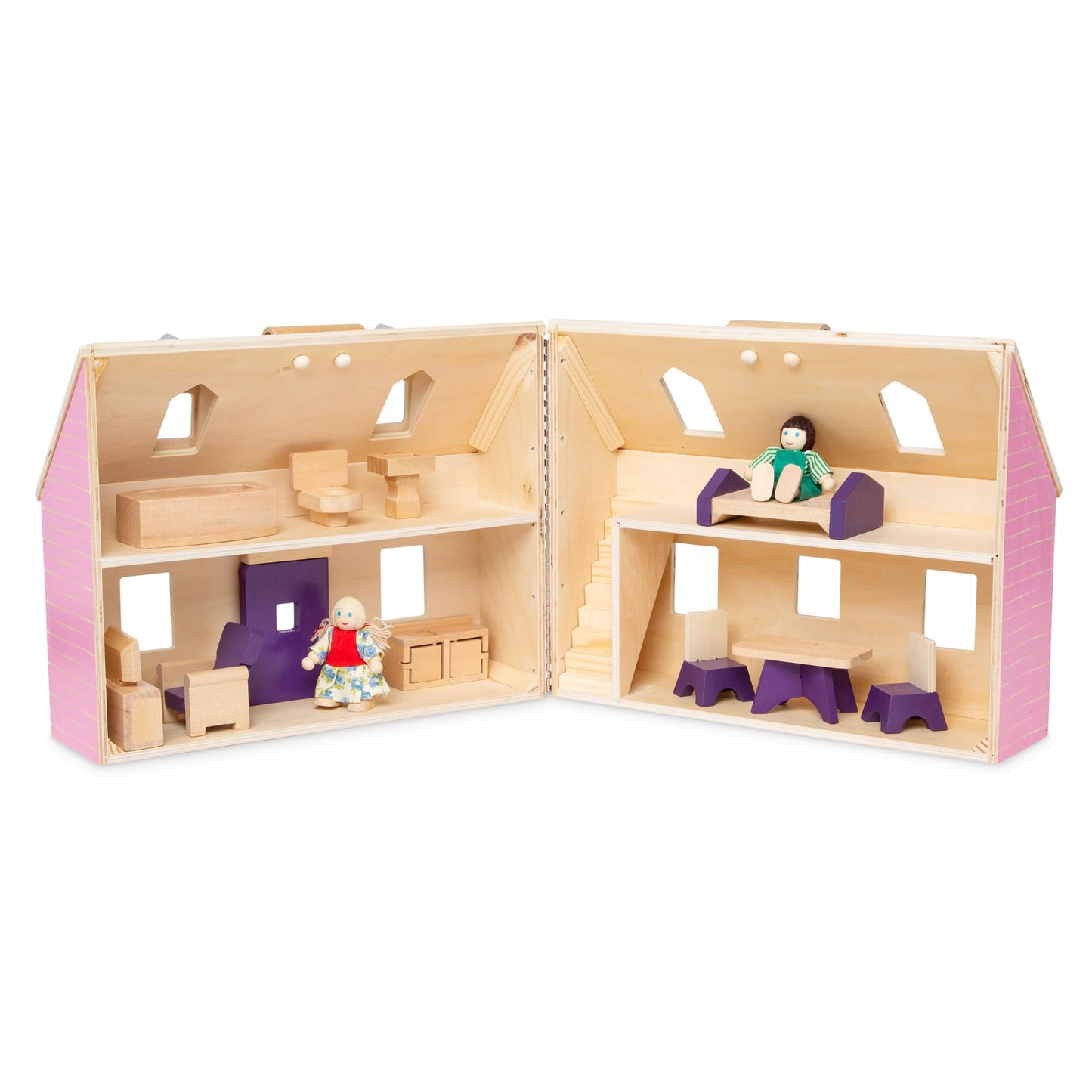 Melissa & Doug Fold & Go Wooden Dollhouse with 2 Dolls and 11 Pieces of Furniture - Portable Mini Doll House with Accessories and Toy Figures, Ages 3+