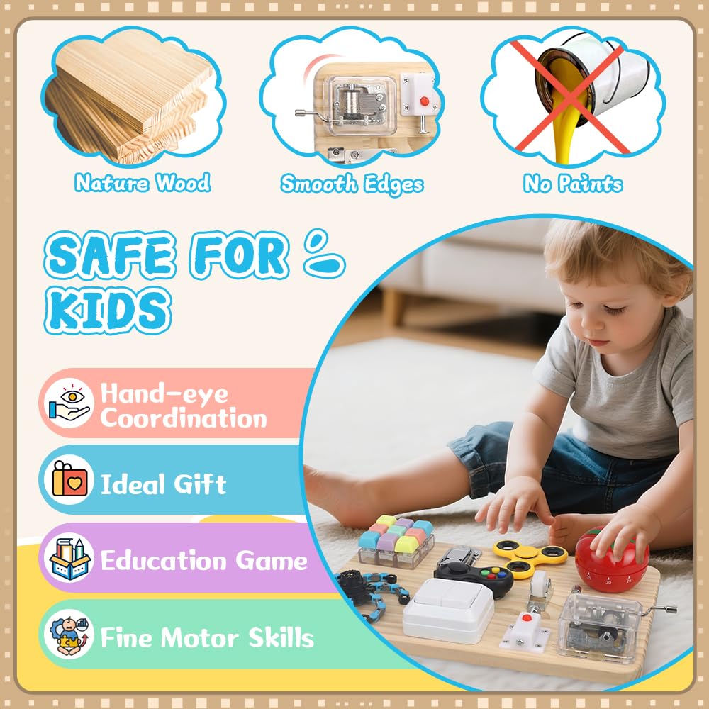 Busy Board for Toddler Kid Early Development, Fidget Sensory Learning Motor Skills Montessori Toy for Age 3 4 5, Busy Pad Fidget Spinner Travel Toy Birthday Gifts Educational Activities for Boy Girl