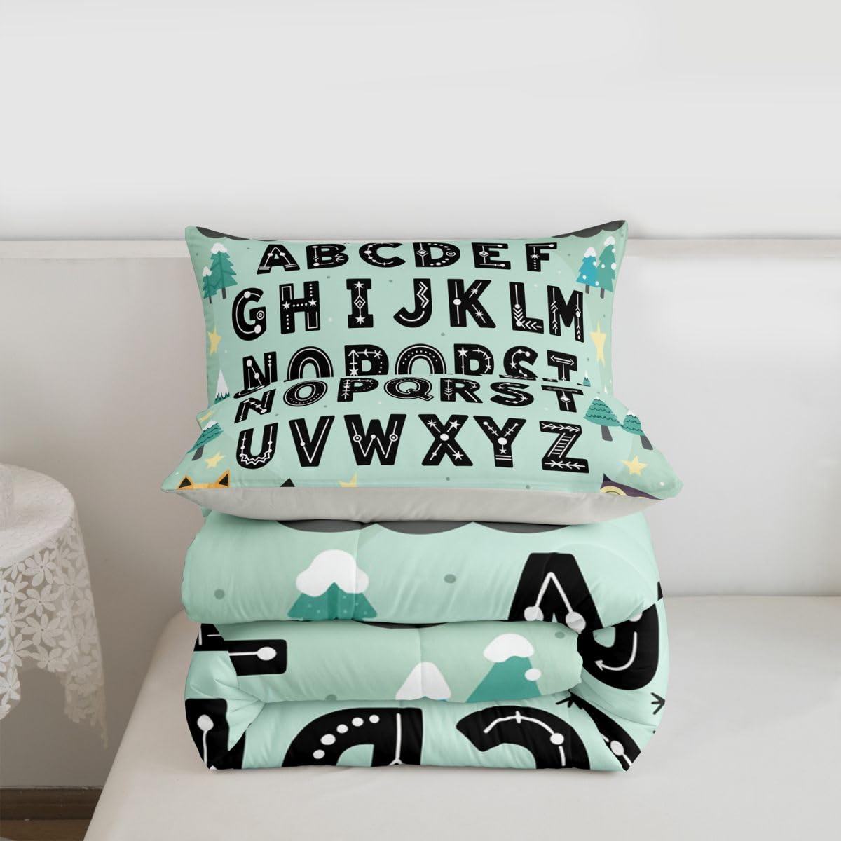 Feelyou Alphabet Kids ABC Learning Comforter Set All Season Cute Fox Bedding Set with 1 Pillow Cases Educational Nursery Art Kids Toddler Bedclothes Woodland Animals Bedroom Decor Duvet Quilt