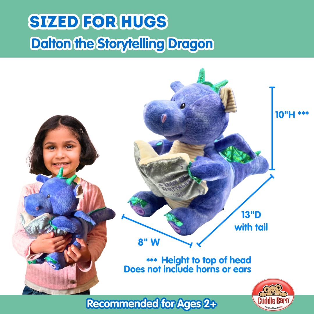 Cuddle Barn | Dalton The Storytelling Dragon with Light Up Book - Animated Stuffed Animal Plush Toy | Mouth Moves, Head Sways | Recites 5 Fairy-Tales - 11" Height