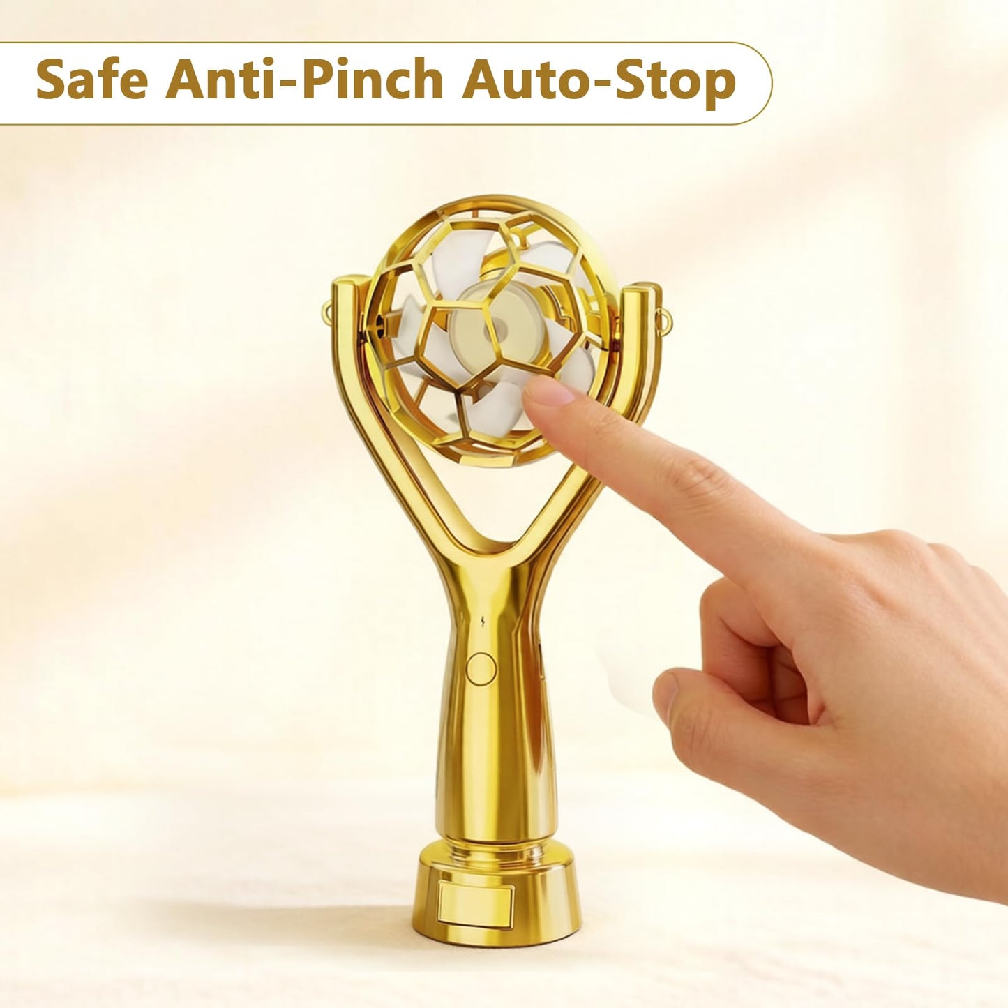 SZSHYNJ Soccer Trophy Shaped Handheld Fan, Soccer Gifts for Sports enthusiasts, Kids, Boys and Girls, Portable USB Rechargeable Mini Fan for Stadium, Game Day, 2026 World Soccer Event, Outdoor, Gold