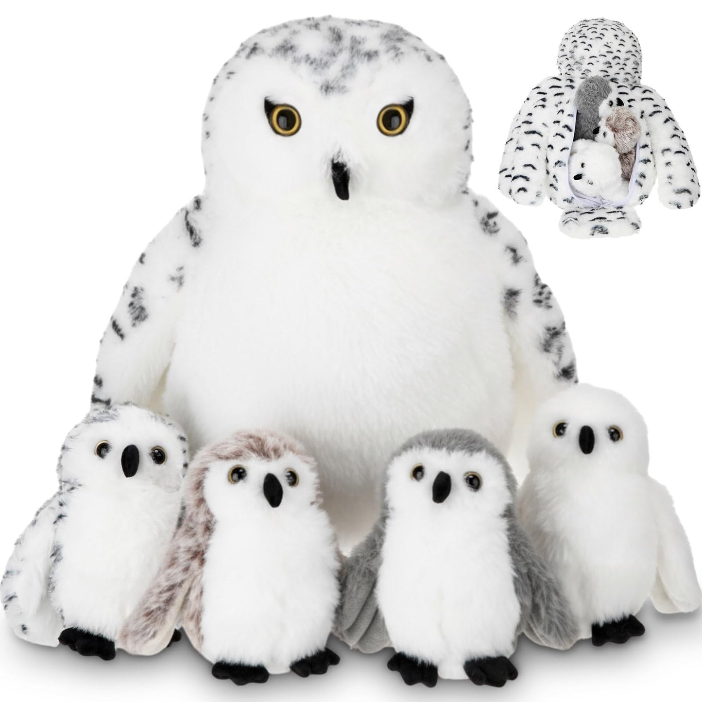 Hollowfly 5 Pcs Snowy Owls Plush Toy Gift Set 12.6" Mom Owls with 4 Cute Babies Stuffed Animal in Zippered Back Nurturing Plushes Toy Set for Kid Adults Birthday Party Favors Gifts