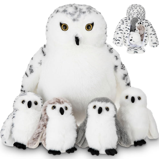 Hollowfly 5 Pcs Snowy Owls Plush Toy Gift Set 12.6" Mom Owls with 4 Cute Babies Stuffed Animal in Zippered Back Nurturing Plushes Toy Set for Kid Adults Birthday Party Favors Gifts