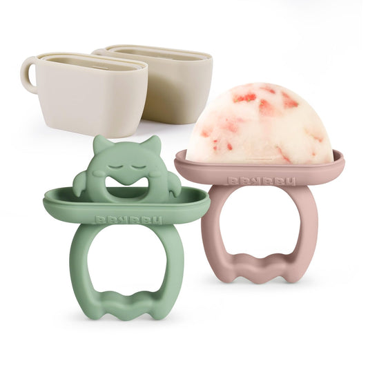 Haakaa Chilly Monster Breastmilk Popsicle Molds, Silicone Popsicle Molds for Baby Teething Relief, BPA Free Frozen Breast Milk Teether Popsicle Maker & Ice Pop Molds for Infant 6m+ (Blush + Pea Green）