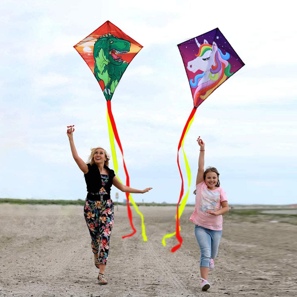[2 Pack] Diamond Kites Dinasour+Unicorn Eddy Kite for Children, Wonderful Beginner Kites for 3 Years up, 60x70cm with 2x300cm Long Tails, Kite Handle, 60m String and Swivel incloud