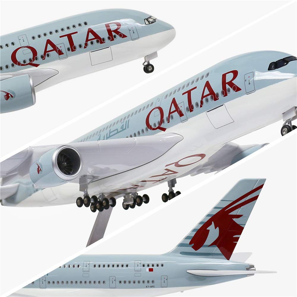 Qatar A380 Plane Diecast with LED Light(Touch or Sound Control) - 18' 1:160 Scale Airplane Model for Decoration or Displays