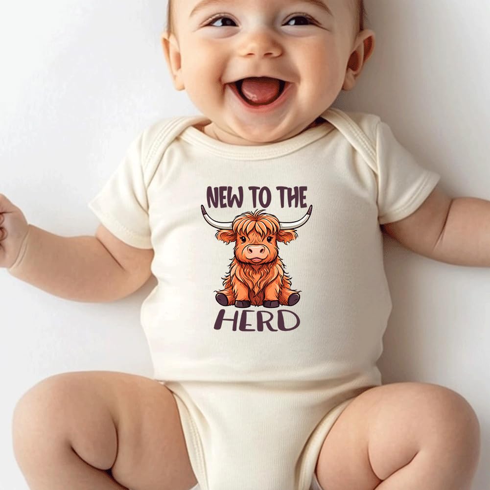 hrcfbk Western Baby Boy Girl Clothes Summer Newborn New to the Herd Cowgirl Short Sleeve Romper Infant Highland Cow Bodysuit (Beige New to the Herd,0-3 Months)