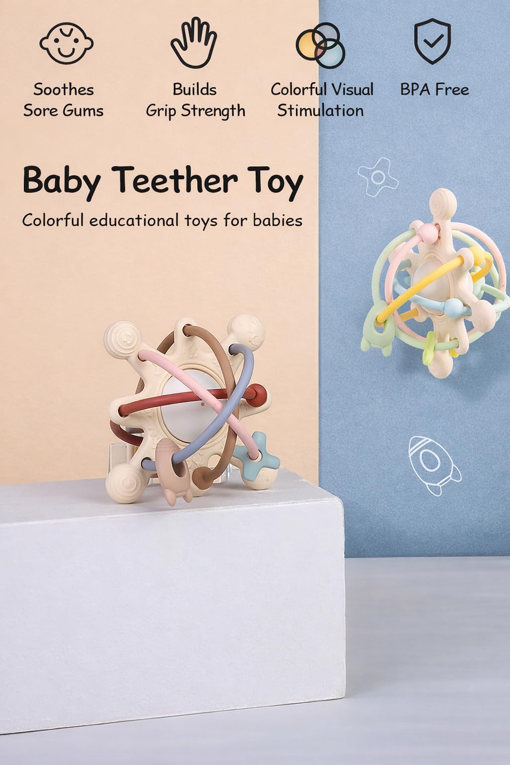 GiliGums Cosmo Silicone Baby Rattle Teether – Pastel | BPA-Free 3D Sensory Teething Toy | Multi-Textured Chewable Arms & Pullable Rings | Food Grade Silicone | Developmental Grip Toy 3-36 Months