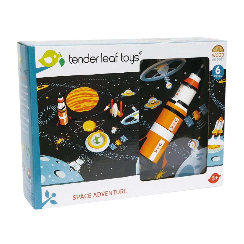 Tender Leaf Toys - Space Adventure - 7 Pieces Wooden Rocket and Outer Space Themed Playmat Set - Develop Imaginative Role Play and Science Interest for Children 3+