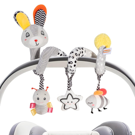 JINBOBUBU Baby Spiral Activity Toy, Stroller & Car Seat Hanging Toy for 0-12 Months, High Contrast Newborn Sensory Toy with Rattle & Crinkle Paper, Infant Travel Plush Toy for Crib Bassinet