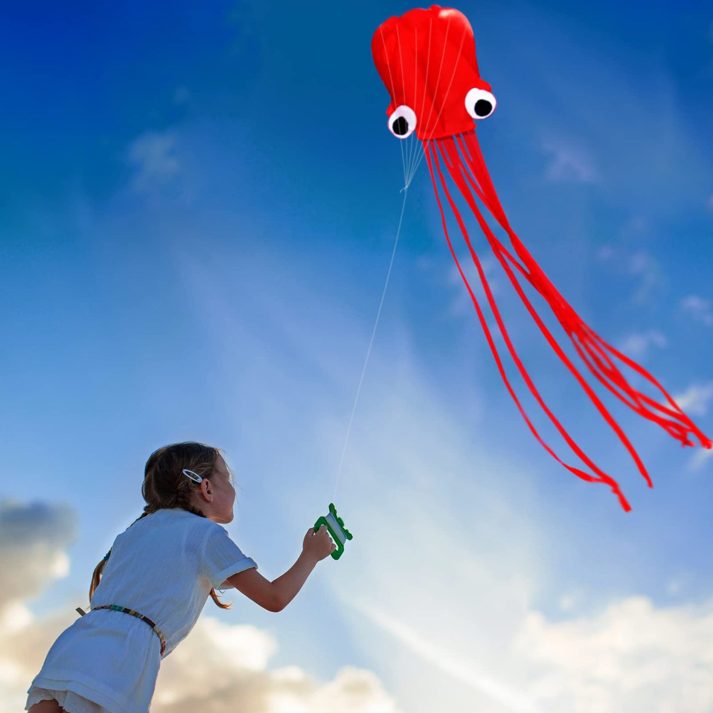 Hengda Kite Software Octopus Flyer Kite with Long Colorful Tail for Kids, 31-Inch Wide x 157-Inch Long, Large, Red