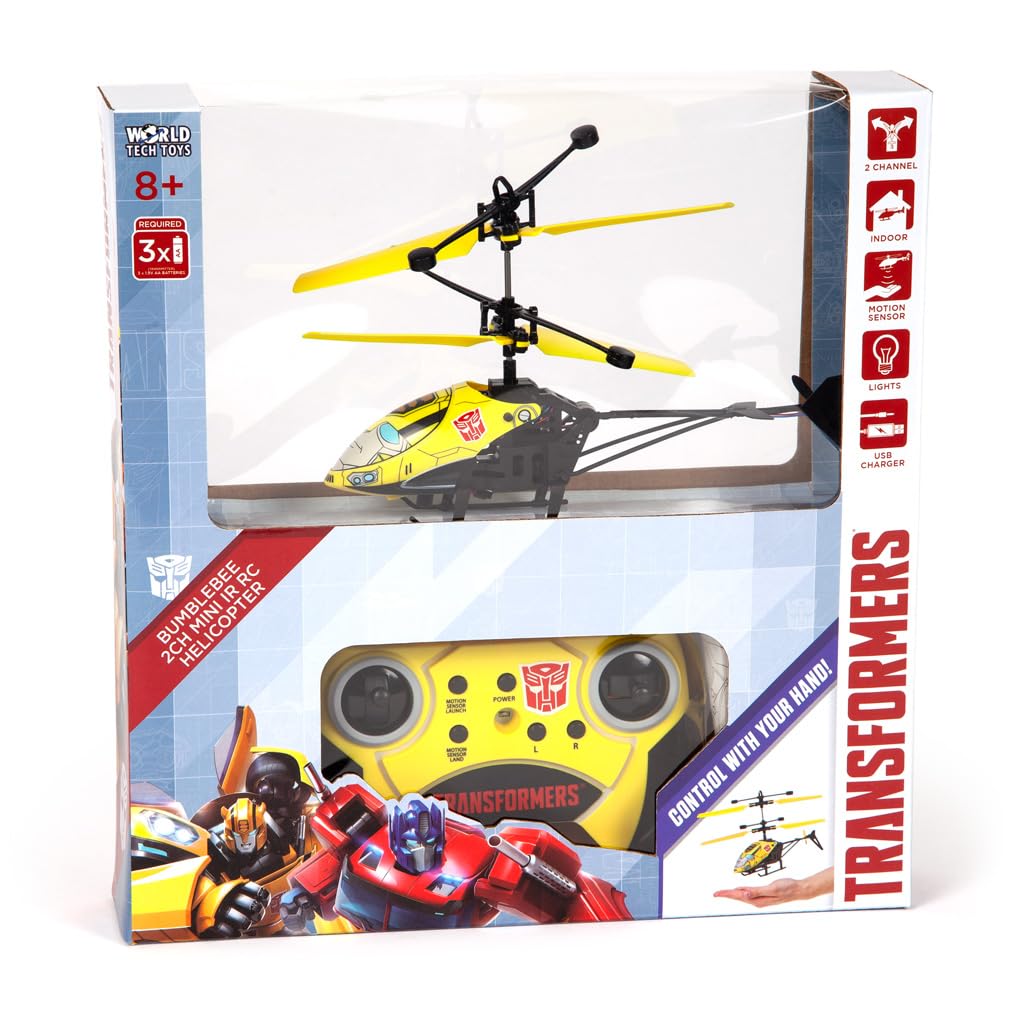World Tech Toys Hasbro Transformers Bumblebee RC Helicopter – Easy-Fly Remote Control Helicopter with LED Lights, Durable Body, Coaxial & Rear Rotors – Kids 8+
