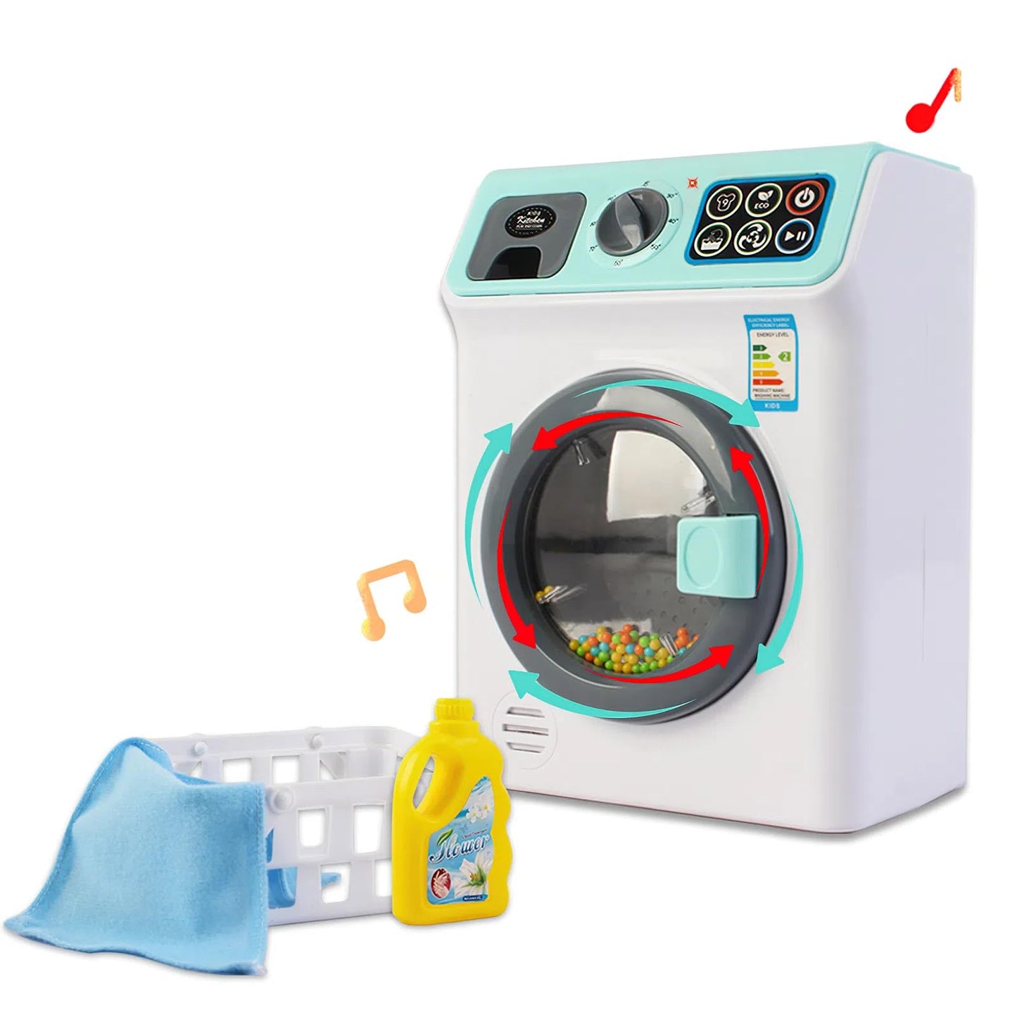 deAO Toy Washing Machine Kids Dollhouse Furniture Toy Washer Pretend Play Household Appliance Realistic Sounds Laundry Play Set with Rotatable Roller for Boys Girls (Blue)