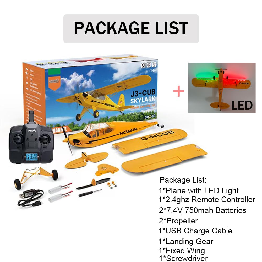 Park10 Toys J3-CUB RC Plane 5CH Remote Control Airplane for Adults 1406 Brushless Motor Outdoor 3D6G Fixed Wing Stunt RC Aircraft with Replaceable Parts (Yellow 2B+LED)