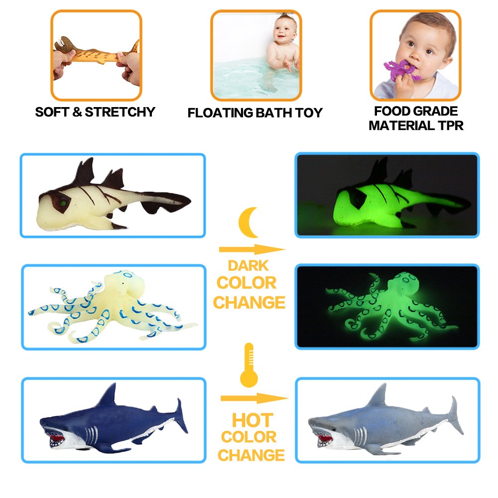 Ocean Sea Animal,8 Inch Rubber Bath Toy Set(8 Pack Random),Super Stretches Material TPR, Some Kinds Can Change Colour, ValeforToy Floating Bathtub Toy Party Shark Octopus Figure