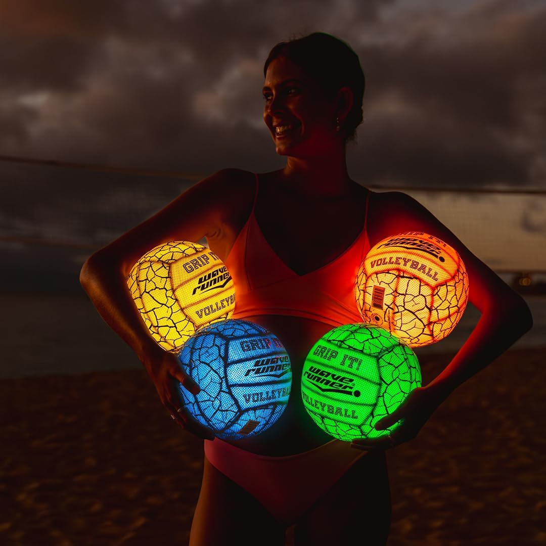 Wave Runner Grip-It Glow in the Dark LED Volleyball — Waterproof Light-Up Ball for Beach, Pool & Night Play — Sure-Grip Texture, Soft-Impact, Outdoor Sports Toy for Kids, Teens & Adults