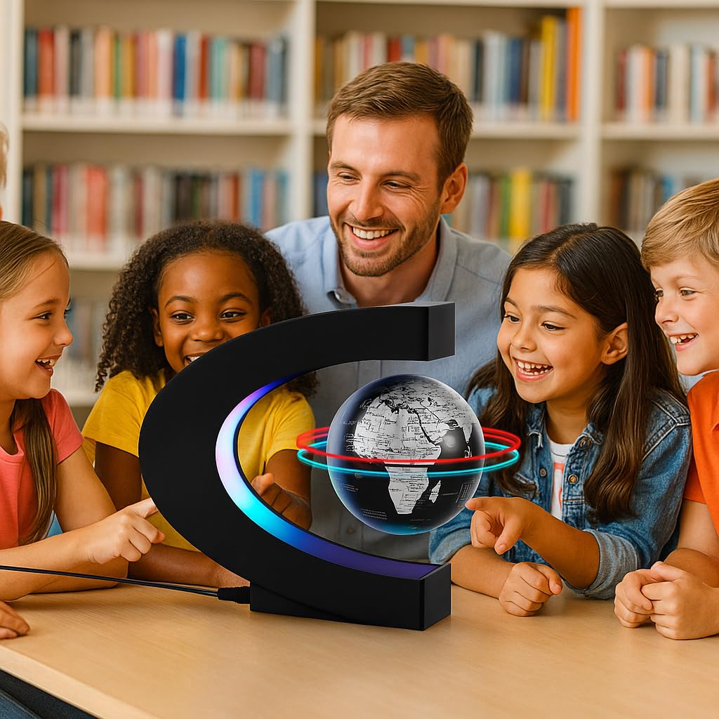 Magnetic Levitation Floating Rotating World Globe with LED Light - C Shape Anti Gravity Levitating Globe for Desk Office Decor, STEM Educational Map, Unique Tech Gift for Men Kids Boss, 3.5 Inches